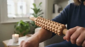 Close-up of an ergonomic wooden massage roller showing sustainable grain and spinning massage nodes.