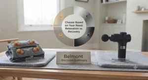 A final recommendation graphic featuring a decision wheel that prompts the user to match their specific daily needs to either a shiatsu or percussion massager.