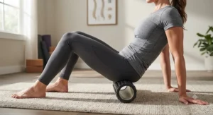 Individual gently using a foam roller on the floor to stretch the lower back and alleviate nerve pressure