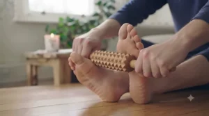 Foot wooden massage roller placed on the floor to relieve plantar fasciitis and tired arches.