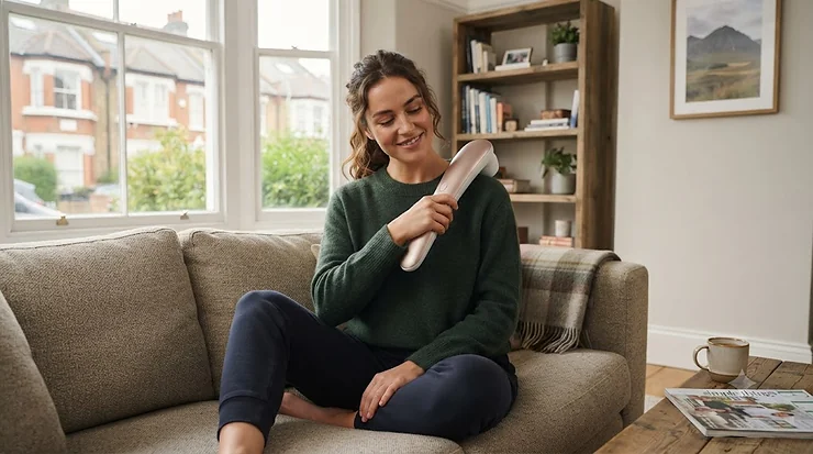 A woman relaxing at home using a full body wand massager for muscle relief. full body wand massager