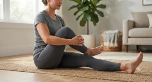Woman performing a gentle seated figure-four stretch to complement massage therapy for sciatica