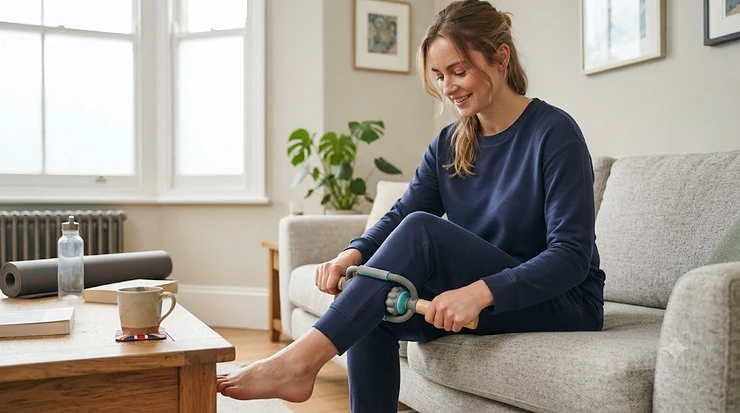 Ergonomic handheld massage roller for soothing muscle tension and daily recovery at home. handheld massage roller