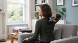 Demonstrating the reach of a handheld massager to target difficult-to-access shoulder blades.