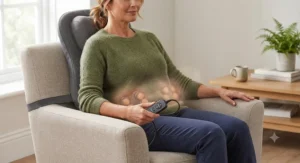 Ergonomic heated massage cushion placed on an armchair to soothe tight muscles associated with sciatica