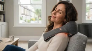 The woman from the featured image relaxing with her eyes closed, wearing a charcoal grey heated neck and shoulder massager, demonstrating post-workout recovery.