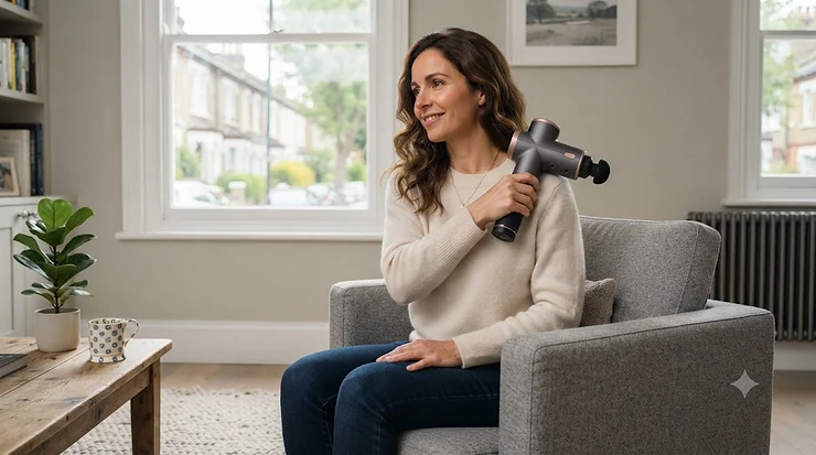 A candid, professional photograph of a woman in her London living room using a heated percussive massager on her shoulder, illustrating the lifestyle benefits. heated massager vs non-heated worth it