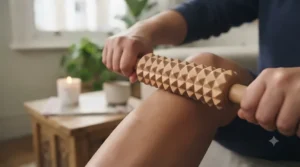 Demonstration of how to use a wooden massage roller on calves to ease tight muscles after a workout.