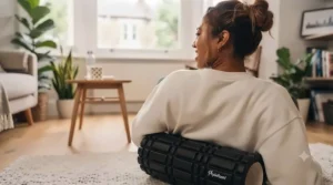 Proper technique demonstration showing a person rolling out their upper back using a compact body roller.