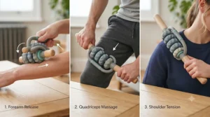 Step-by-step graphic showing the correct pressure angle when using a handheld massage roller.