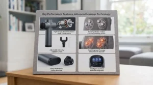 Infographic highlighting key performance features including motor strength, heat therapy, and controls.