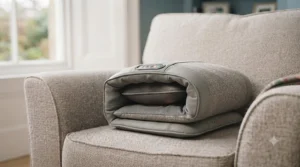 Compact and lightweight back massager neatly folded on a sofa, ready for easy storage.