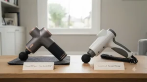 A side-by-side studio comparison of the modern charcoal grey heated massager and a traditional corded white massager, labelled for UK consumers.