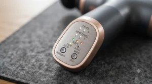 A detailed macro shot of the massager's control panel, clearly showing the LED indicators for 'Level' and 'Heat Level' settings.