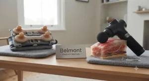 An infographic-style display comparing the gentle intensity of shiatsu kneading against the vigorous pulse intensity of percussion massagers on an anatomical model.