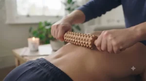 Natural wooden massage roller designed for lymphatic drainage and smoothing skin texture.