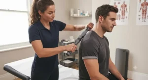 Physiotherapist using a muscle roller stick on a patient to help relieve physical strain and sports injuries.