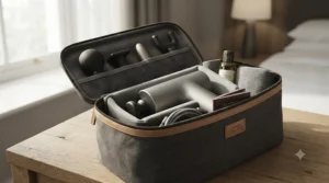 A compact battery powered massager neatly packed inside a weekend wash bag next to a passport.