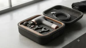 A compact rechargeable handheld massager packed neatly inside a weekend travel bag alongside gym gear.