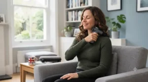 A compact handheld massager being held to target tension in the shoulder area.