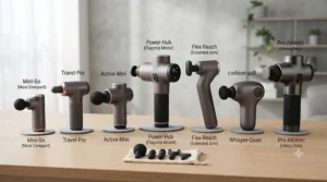 Side-by-side comparison of various cordless handheld massagers ranging from compact travel sizes to full-power models.