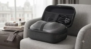 A compact, lightweight travel back massager packed neatly next to a suitcase for use on the go.