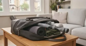 A lightweight muscle roller stick packed inside a gym bag, ideal for travel and fitness on the go.