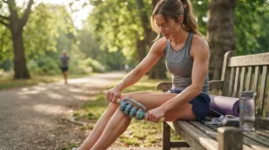 Fitness enthusiast using a handheld massage roller on calves after a running workout in the park.