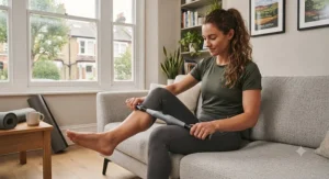 Fitness enthusiast recovering after a heavy gym workout by massaging their quads with a muscle roller stick.