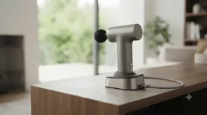 A cordless battery powered massager resting on its sleek USB charging dock.