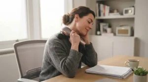 An office worker using a rechargeable handheld massager to relieve neck stiffness at a home workstation.