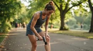 A runner using a rechargeable handheld massager on their calf muscles outdoors after a morning training session.
