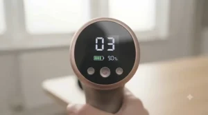 A close-up of the LED control panel and speed settings on a rechargeable handheld massager.