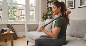 Individual demonstrating how to gently target lower back and shoulder knots using a flexible muscle roller stick.