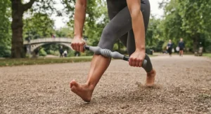 Runner preparing for a morning jog in a UK park by rolling out tight leg muscles with a handheld stick.