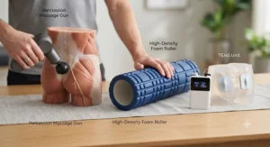 Comparison layout of a massage gun, a foam roller, and a TENS machine used for relieving sciatic discomfort