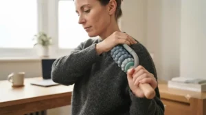 Person sitting upright and using a handheld massage roller to relieve tight shoulder muscles.
