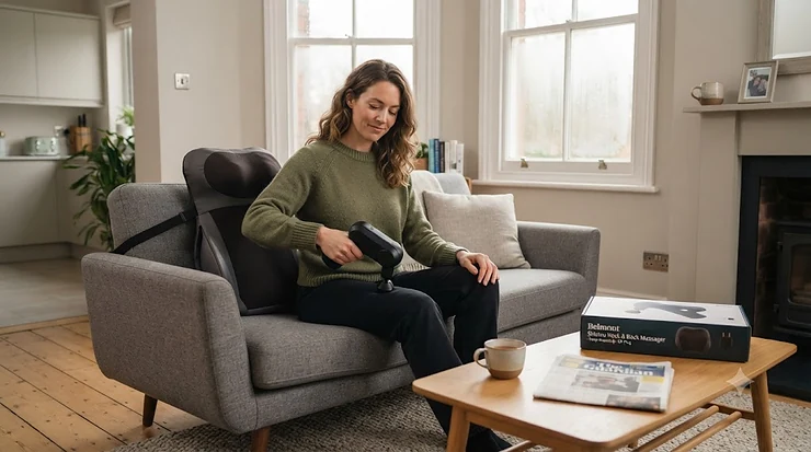 A person using a shiatsu back massager on a sofa while holding a percussion massage gun, representing a choice between relaxation and recovery for the UK market. shiatsu vs percussion massager which is better
