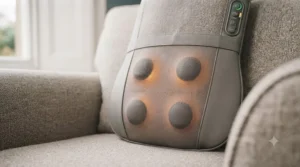 Gentle amber illumination highlighting the soothing heat therapy nodes on a targeted lower-back massager.