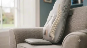 Side profile showing the ergonomic curvature of the massager supporting healthy spinal alignment while seated.
