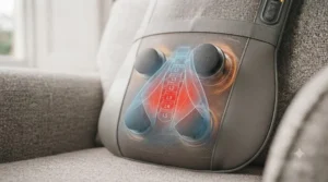 Subtle diagrammatic overlay showing targeted relief across the lower back and shoulder areas.
