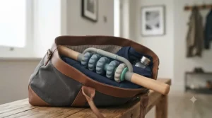 Lightweight handheld massage roller packed neatly inside a gym bag for travel.