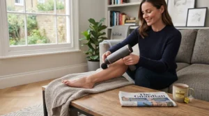 Fitness enthusiast using a compact cordless massager on their calf muscle post-workout in a British home living room.
