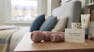 A lifestyle view of a vibrating wand massager placed next to a cosy cup of tea and a book in a modern bedroom.