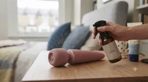 A size comparison of a full-sized vibrating wand massager next to a compact travel version on a bedside table.