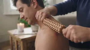 Using a portable wooden massage roller to target tension in the upper back and shoulders.