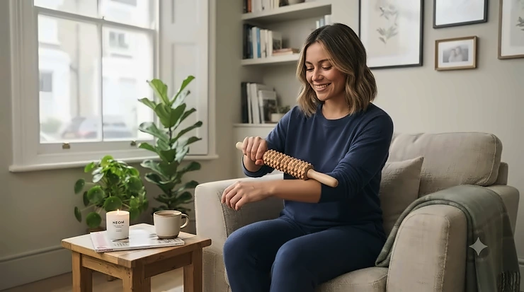Person using a smooth wooden massage roller for deep tissue relief and muscle recovery at home. wooden massage roller