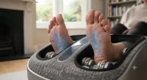 Person placing bare feet on a dual-action EMS and TENS foot massager for neuropathy nerve stimulation.