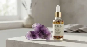 A purple amethyst facial gua sha tool positioned beside a glass bottle of nourishing botanical face oil.