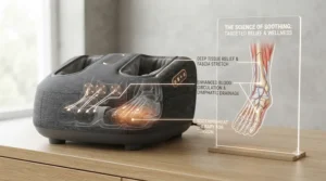 An infographic display next to the foot massager, using glowing lines to connect the internal mechanism to a clear anatomical diagram of the foot, labelling benefits like deep tissue relief and circulation.